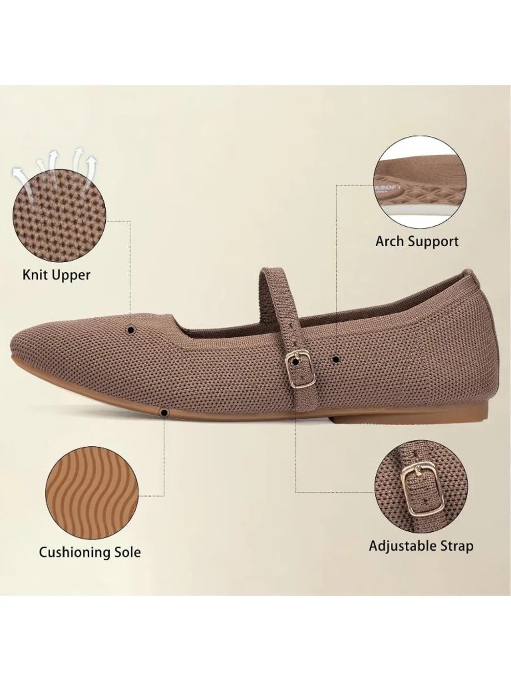 Women's Coffee Rubber Knit Square Toe Ballet Flats With Strap Comfortable Shoes
